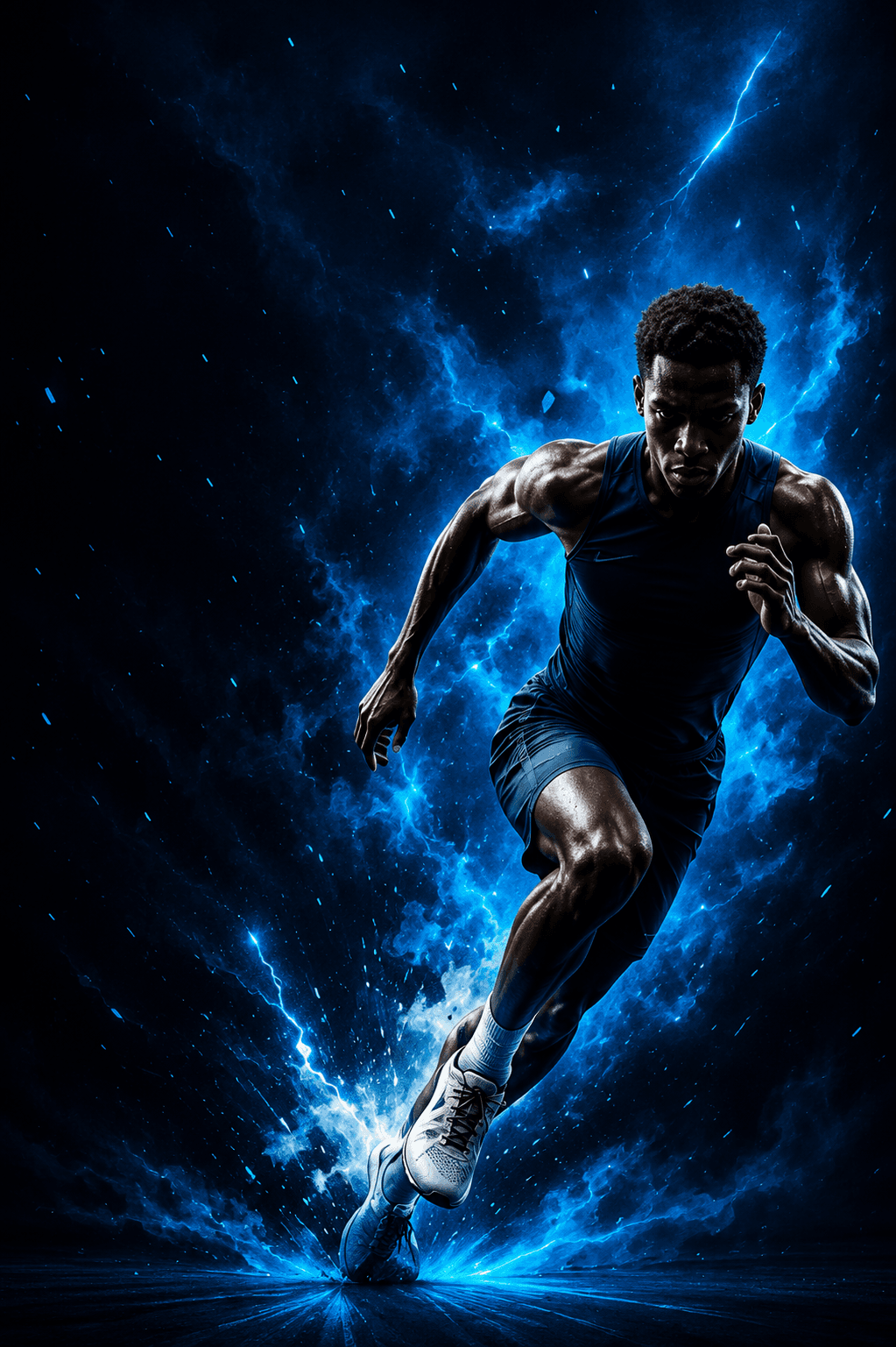 Sprinter exploding off the blocks surrounded by blue lightning energy