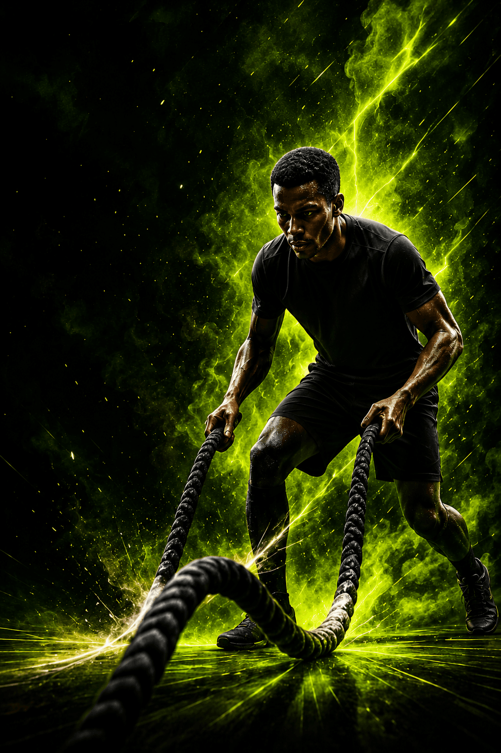 Athlete powering through battle rope training surrounded by green energy